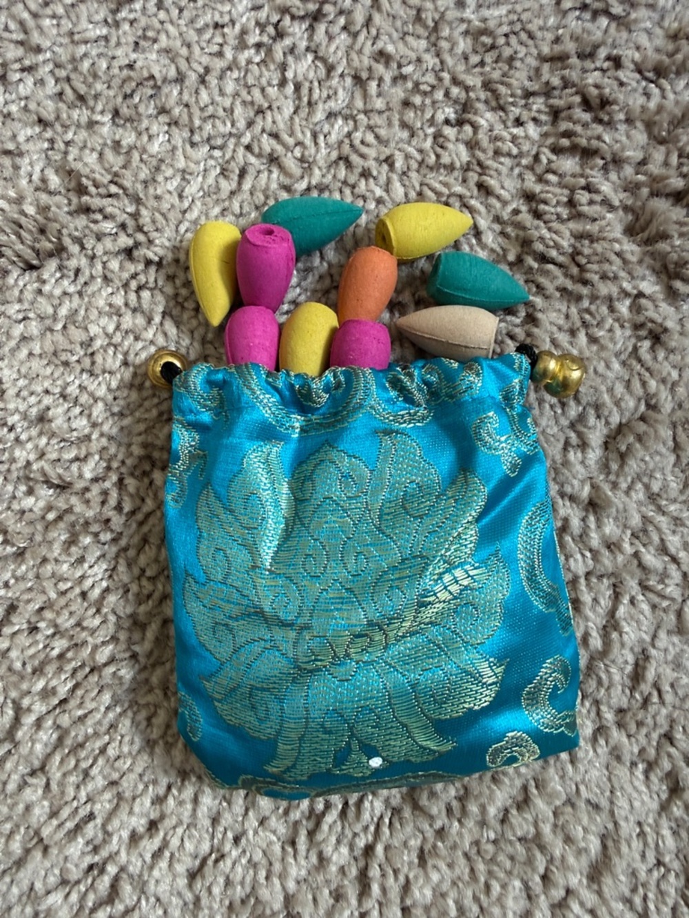 Incense Cones with Turquoise Floral Brocade Drawstring Pouch - Women Bags